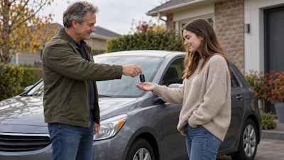 Man and woman exchanging car keys in a residential driveway during a vehicle transaction