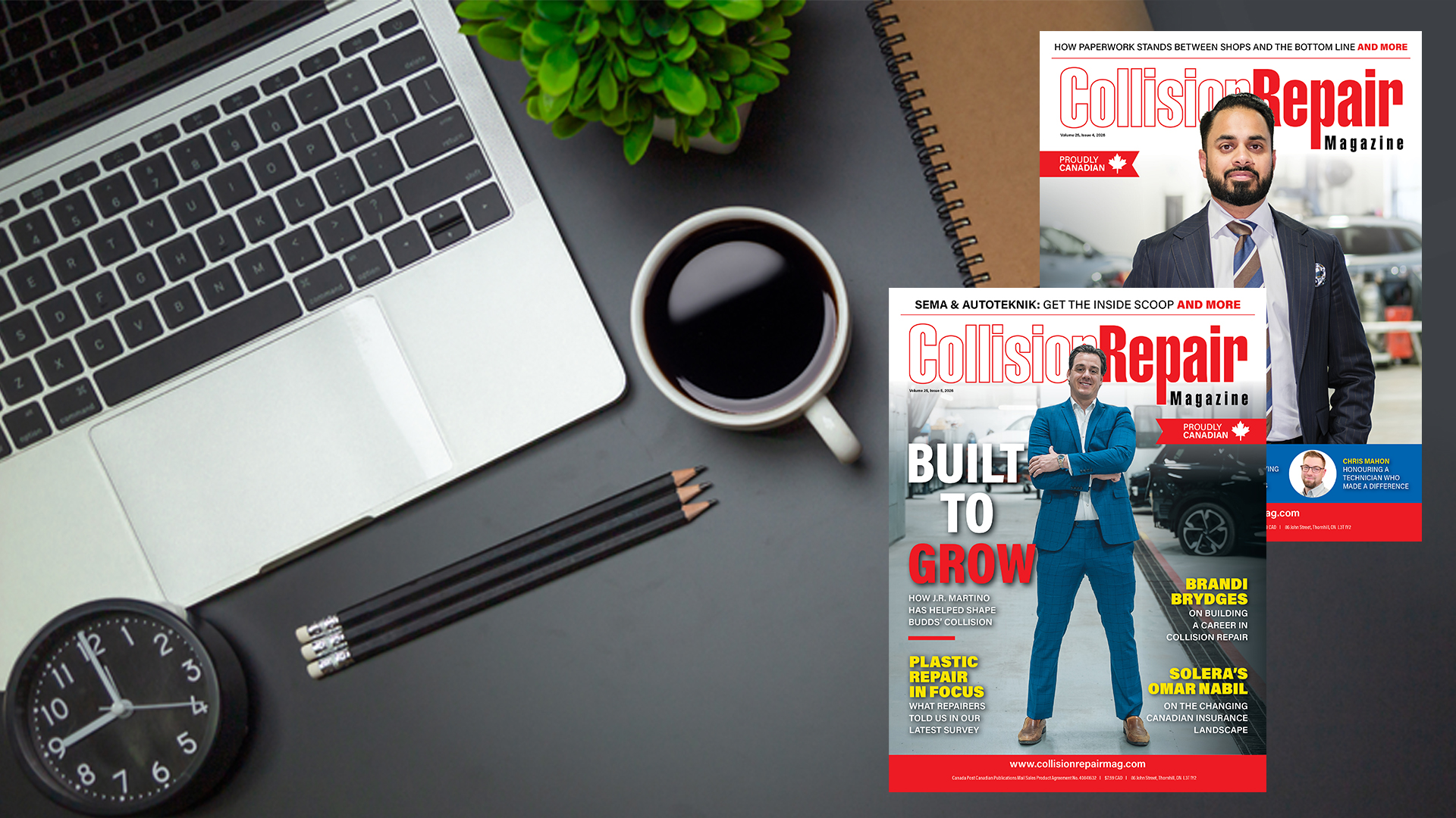 Collision Repair Magazine cover displayed on desk with laptop, coffee, and office supplies