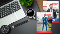 Collision Repair Magazine cover displayed on desk with laptop, coffee, and office supplies