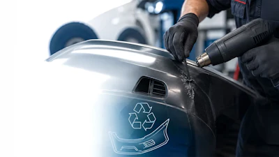 Technician using heat gun on car bumper with recycling symbol decal