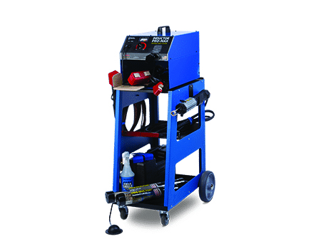 Blue mobile welding machine cart with control panel, storage shelves, and rolling wheels