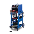 Blue mobile welding machine cart with control panel, storage shelves, and rolling wheels
