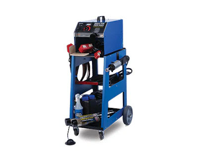 Blue mobile welding machine cart with control panel, storage shelves, and rolling wheels