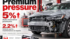 Premium pressure infographic showing auto insurance premiums up 5% and vehicle parts maintenance up 2.2% in Canada September 2026 year-over-year increase