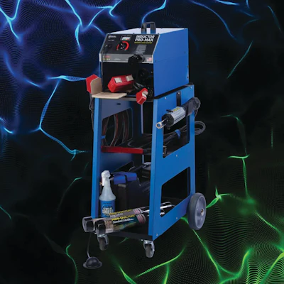 Blue and red Inductor Pro-Max welding machine on wheels with digital lightning background effect