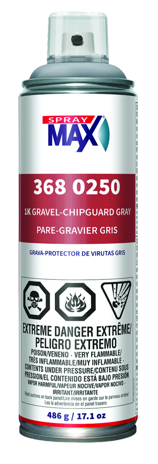 Spray Max 1K Gravel-Chipguard Gray aerosol spray can with extreme danger warning labels