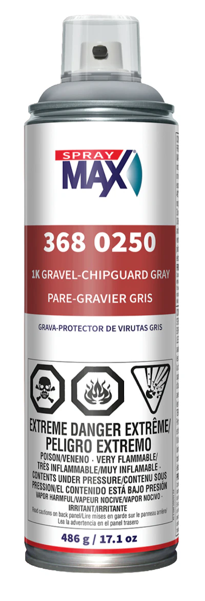 Spray Max 1K Gravel-Chipguard Gray aerosol spray can with extreme danger warning labels