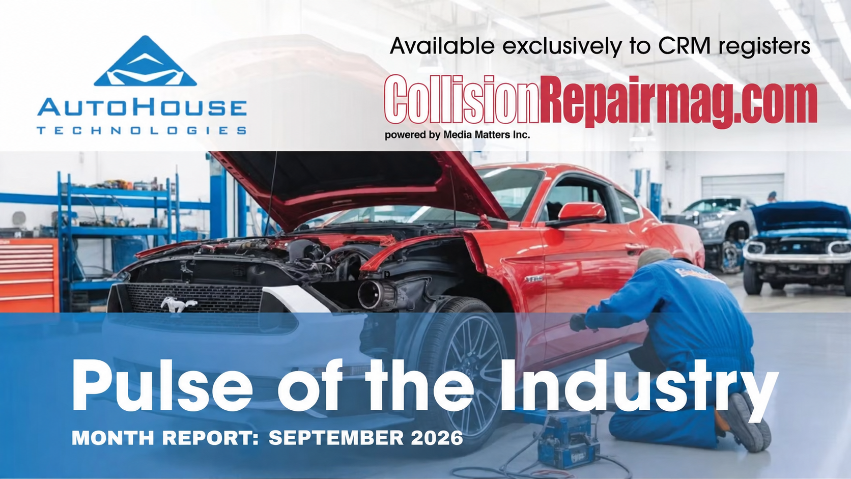 Collision repair shop promotional banner featuring red damaged car with open hood and technician, September 2026 industry report