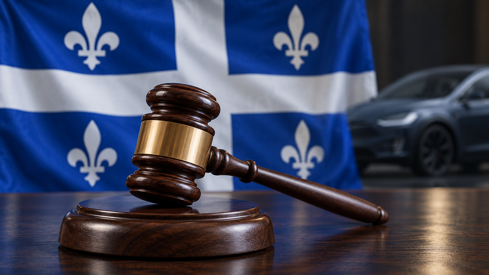 Wooden gavel and sound block in front of Quebec flag with vehicle background