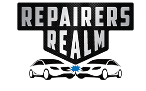 Repairers Realm logo featuring two cars facing a blue spark with bold black text on shield badge