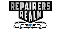 Repairers Realm logo featuring two cars facing a blue spark with bold black text on shield badge
