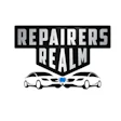 Repairers Realm logo featuring two cars facing a blue spark with bold black text on shield badge