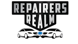 Repairers Realm logo featuring two cars facing a blue spark with bold black text on shield badge