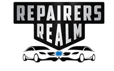 Repairers Realm logo featuring two cars facing a blue spark with bold black text on shield badge