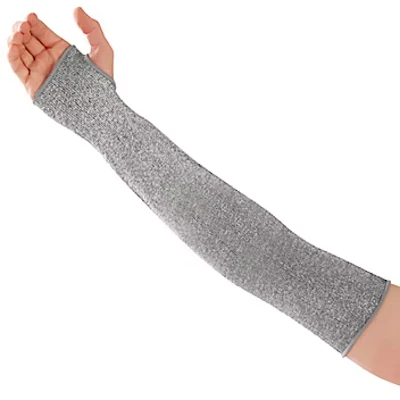 Gray compression arm sleeve worn on a person's arm and wrist