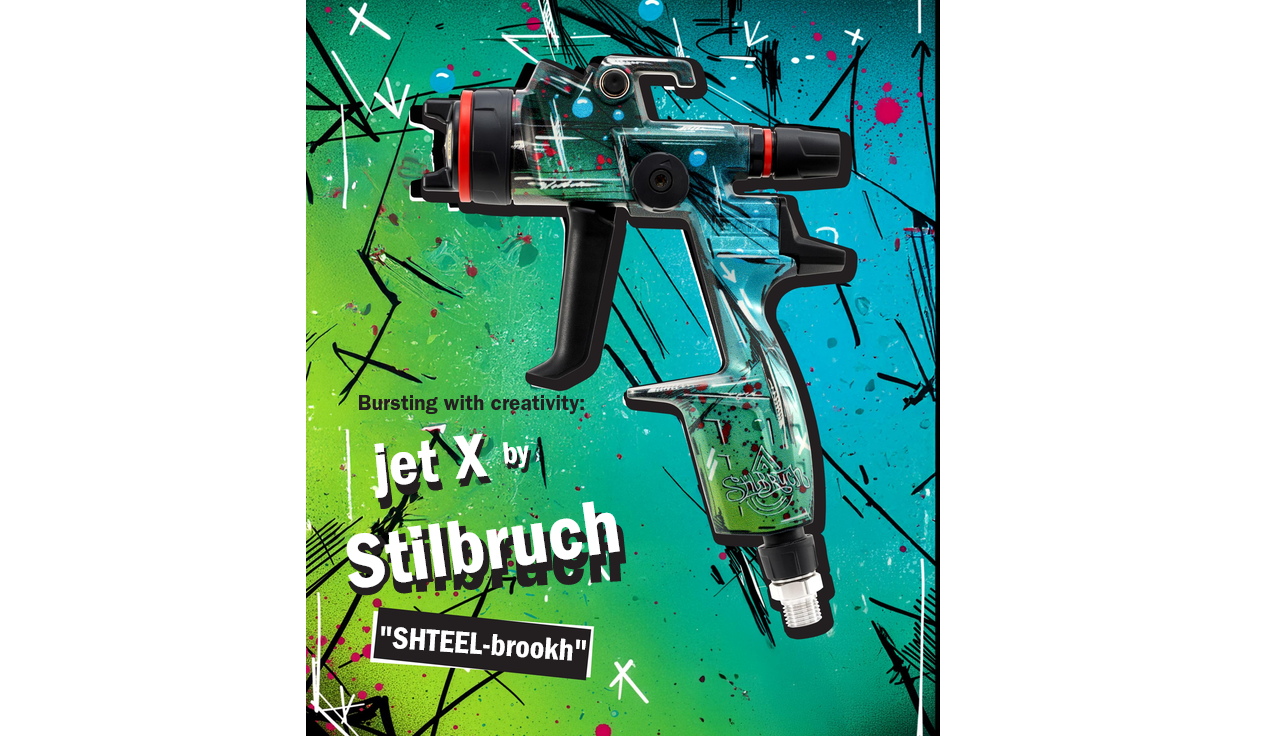 Jet X handheld device by Stilbruch with 'STIEEL-brookh' branding on vibrant green and blue gradient background
