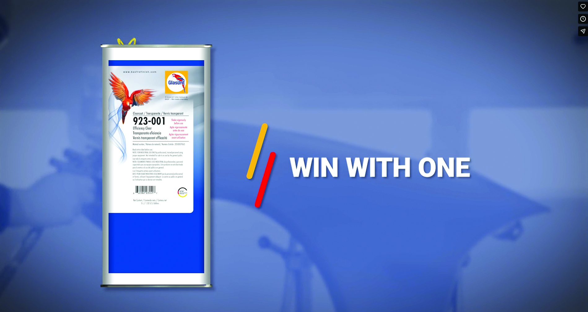 Product promotion featuring packaged item with parrot design and 'Win With One' marketing message with colored pencils