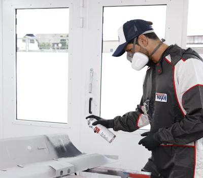 Worker in protective gear applying sealant or caulk to a white door frame during construction or maintenance work.