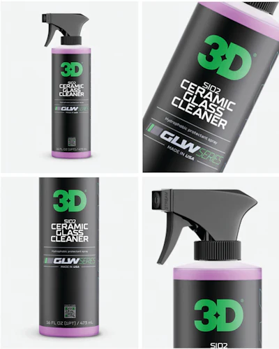 3D SiO2 Ceramic Glass Cleaner spray bottle with neon green logo and purple accents, shown from multiple angles