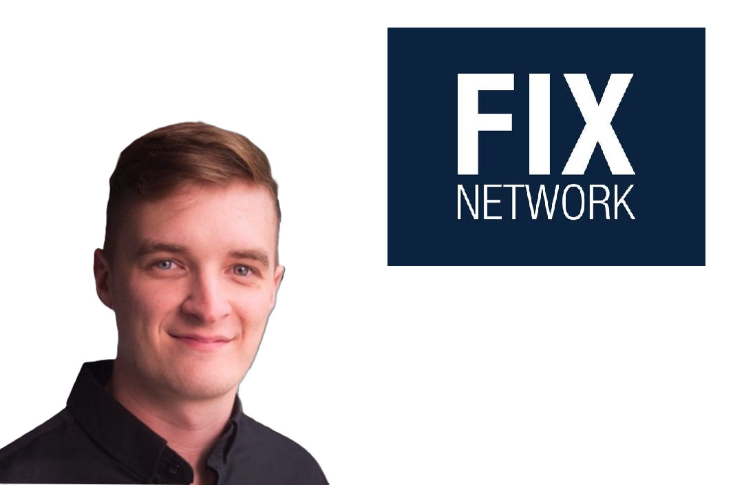 FIX Network logo on dark blue background with professional portrait of man in black shirt