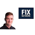 FIX Network logo on dark blue background with professional portrait of man in black shirt