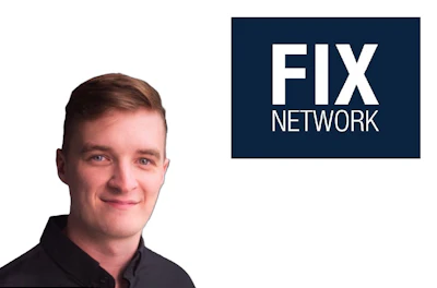 FIX Network logo on dark blue background with professional portrait of man in black shirt