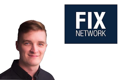FIX Network logo on dark blue background with professional portrait of man in black shirt