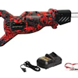 DeWALT cordless caulking gun kit with red textured grip, battery, charger, and safety lanyard