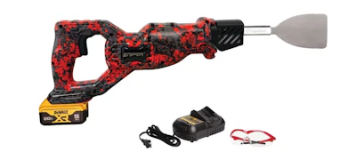 DeWALT cordless caulking gun kit with red textured grip, battery, charger, and safety lanyard