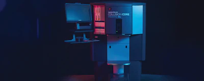 Collision Core Pronto XL computer setup displayed in isometric 3D visualization with monitors and tower cases in blue and red lighting