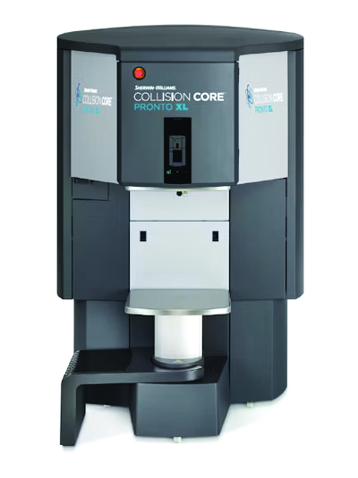Noritsu Collision Core Pronto XL photo lab printer with gray exterior, white paper tray, and waste bin compartment