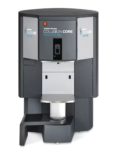 Noritsu Collision Core Pronto XL photo lab printer with gray exterior, white paper tray, and waste bin compartment