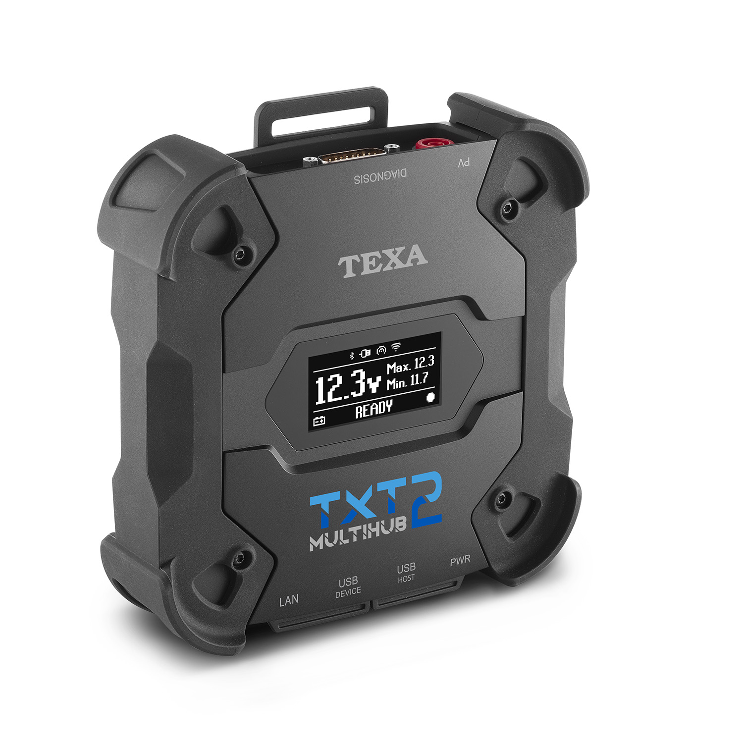 TEXA TXTP Multihub 2 diagnostic device with LCD display showing battery voltage readings and connectivity ports