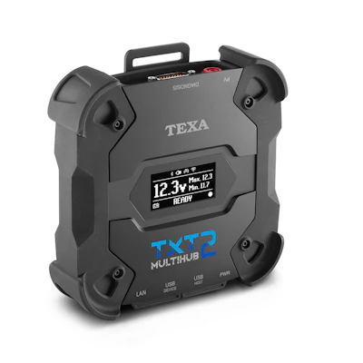 TEXA TXTP Multihub 2 diagnostic device with LCD display showing battery voltage readings and connectivity ports