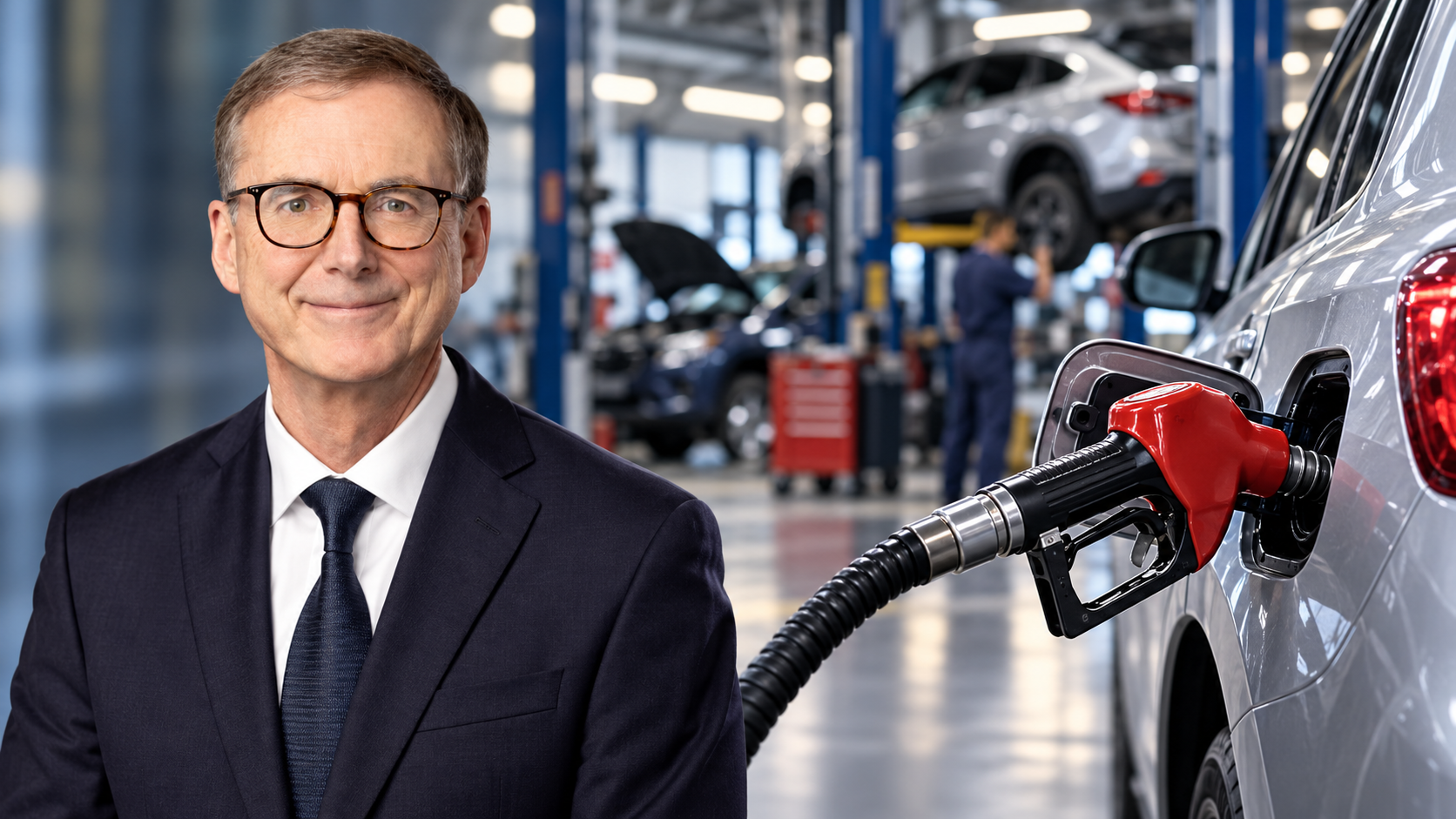 Professional man in business suit and glasses at automotive service center with vehicles and mechanics in background