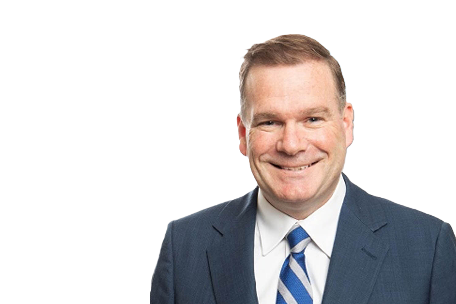 Professional headshot of a smiling man in business attire with blue striped tie