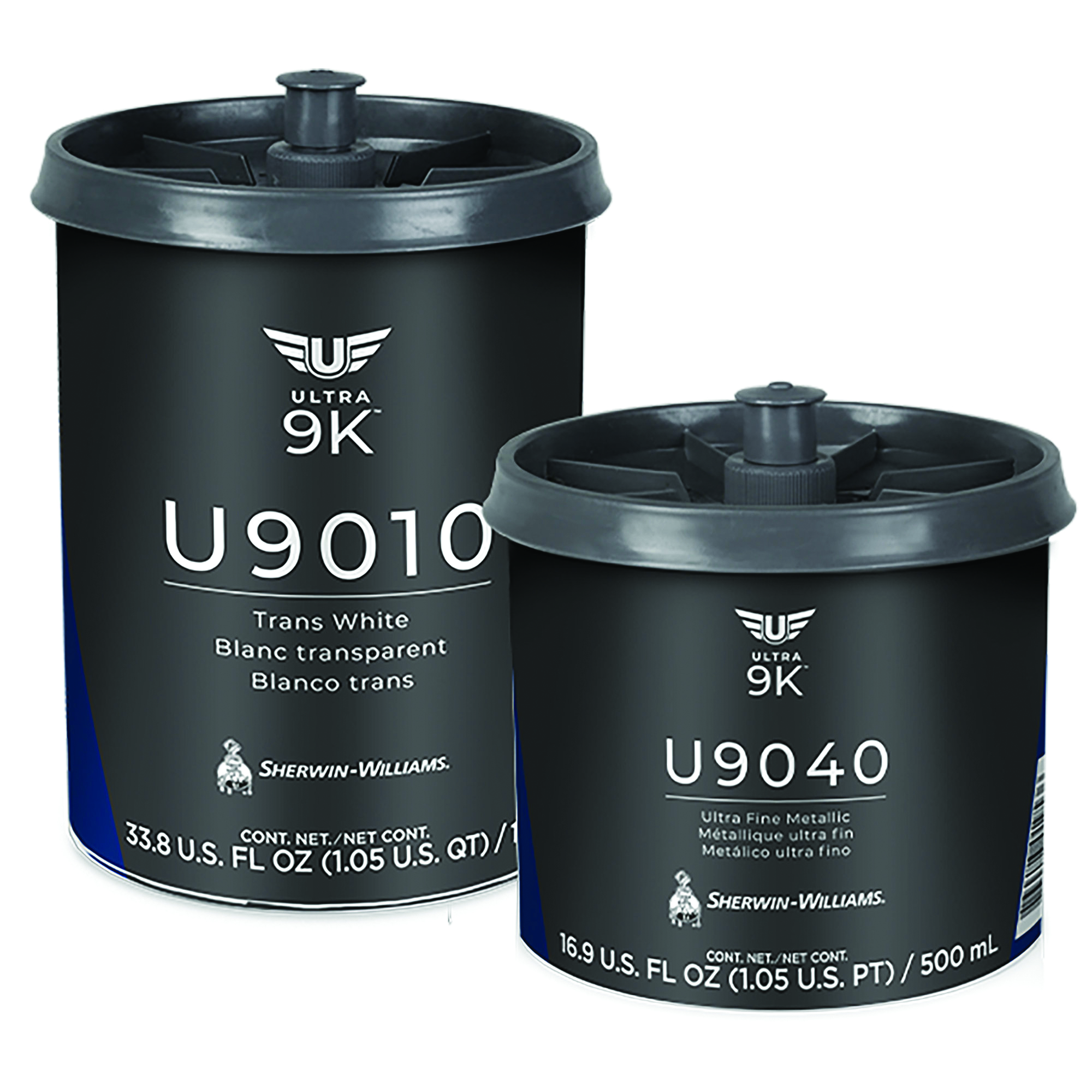 Two black Sherwin-Williams Ultra 9K paint cans with product codes U9010 Trans White and U9040 Ultra Fine Metallic