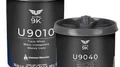 Two black Sherwin-Williams Ultra 9K paint cans with product codes U9010 Trans White and U9040 Ultra Fine Metallic