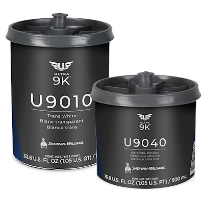 Two black Sherwin-Williams Ultra 9K paint cans with product codes U9010 Trans White and U9040 Ultra Fine Metallic