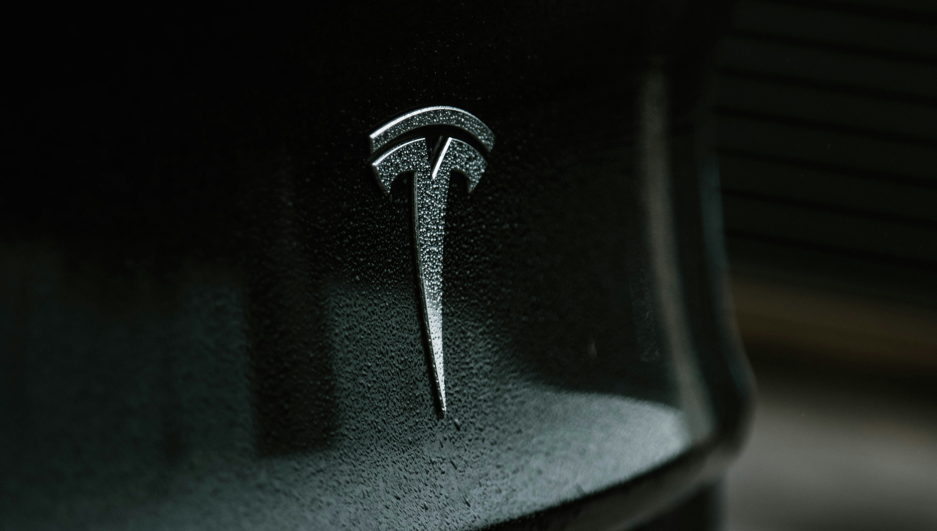 Tesla T emblem mounted on vehicle door with metallic finish and frost-like texture
