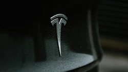Tesla T emblem mounted on vehicle door with metallic finish and frost-like texture