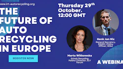 Webinar promotion for 'The Future of Auto Recycling in Europe' on Thursday, October 29th at 12:00 GMT, featuring speakers Marta Witkowska and Henk Jan Nix