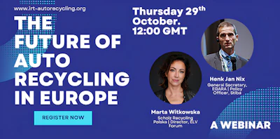 Webinar promotion for 'The Future of Auto Recycling in Europe' on Thursday, October 29th at 12:00 GMT, featuring speakers Marta Witkowska and Henk Jan Nix