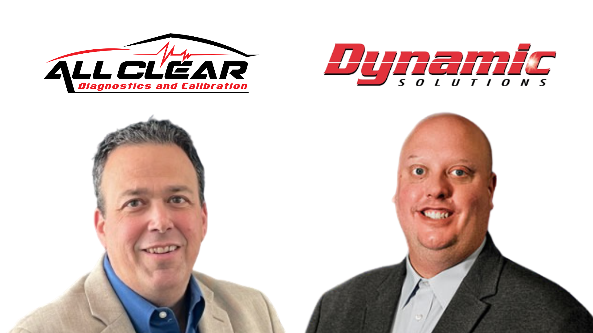 Two professional headshots of business executives with All Clear Diagnostics and Dynamic Solutions company logos