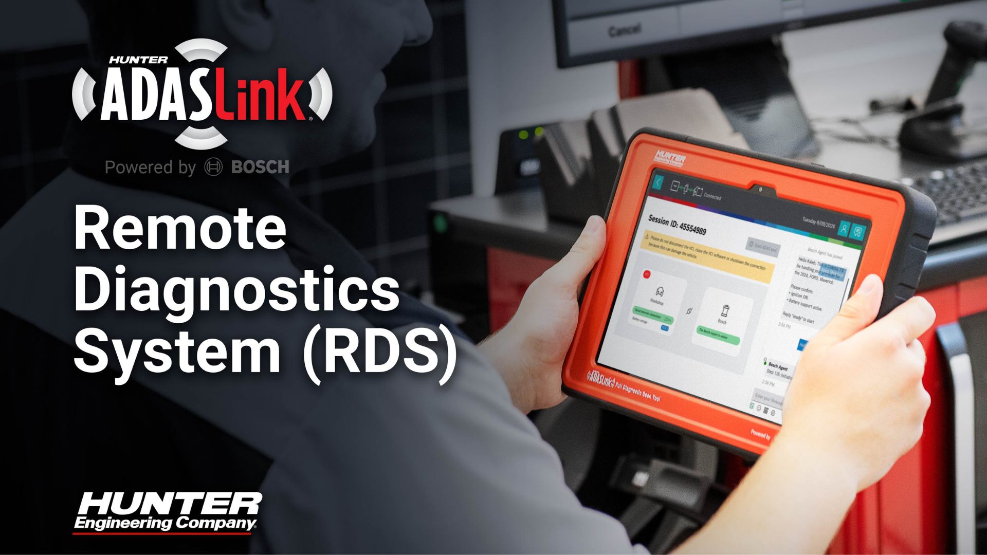Technician holding Hunter ADAS Link diagnostic device powered by Bosch for remote vehicle diagnostics