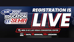 SEMA 2026 Repaired Education conference registration banner announcing live event November 3-6 at Las Vegas Convention Center with 4 days, 19 sessions, and 30+ speakers