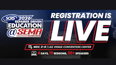 SEMA 2026 Repaired Education conference registration banner announcing live event November 3-6 at Las Vegas Convention Center with 4 days, 19 sessions, and 30+ speakers