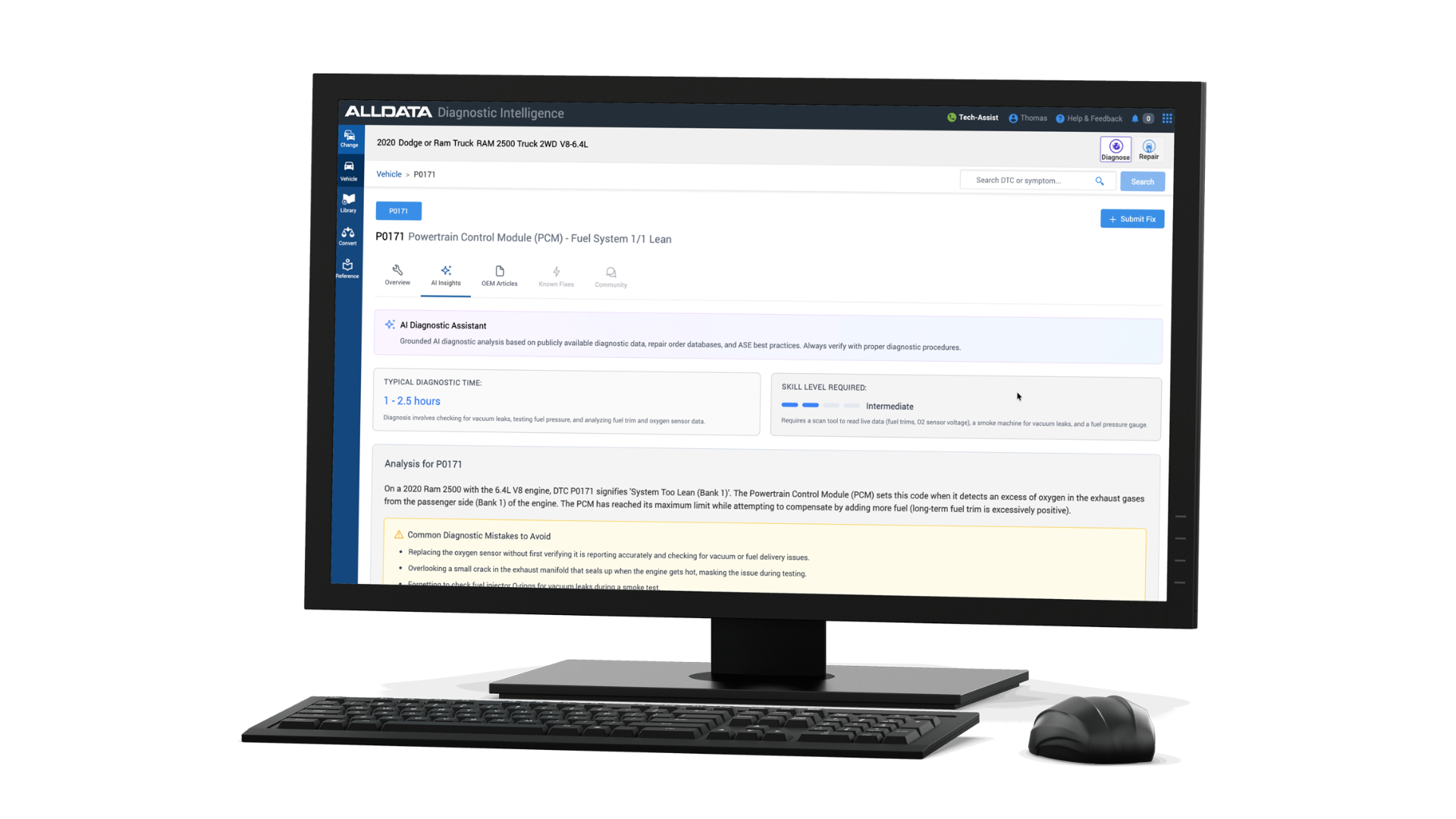 Desktop computer displaying ALLDATA diagnostic software with vehicle service information and analysis tools