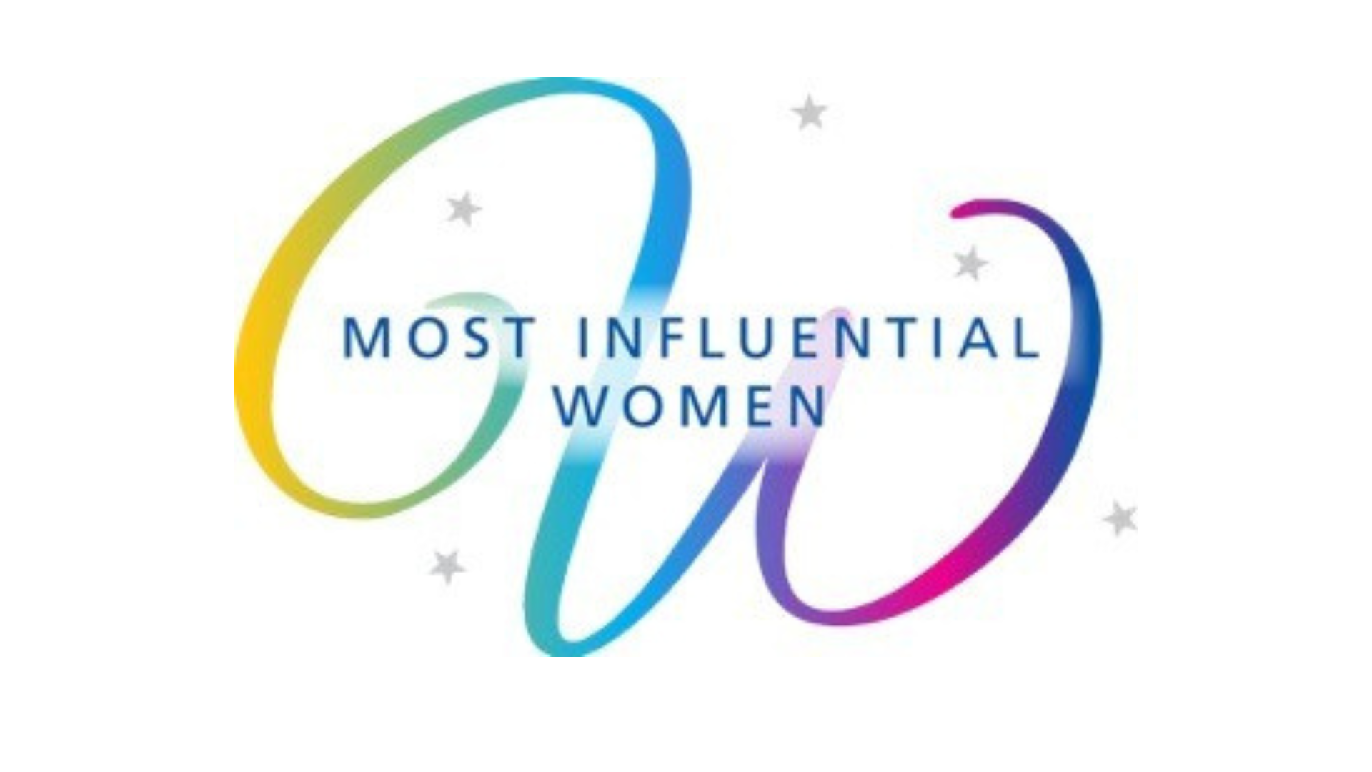 Most Influential Women logo with colorful gradient curves and decorative stars