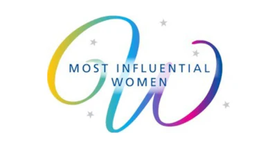Most Influential Women logo with colorful gradient curves and decorative stars